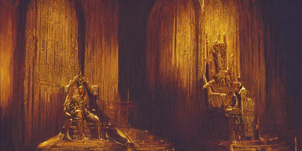 Image similar to a medieval king sitting on a golden throne led by stairs leaning on a shiny sword in a palace, illuminated by glowing light behind the throne, beksinski and syd mead cinematic colorful painting