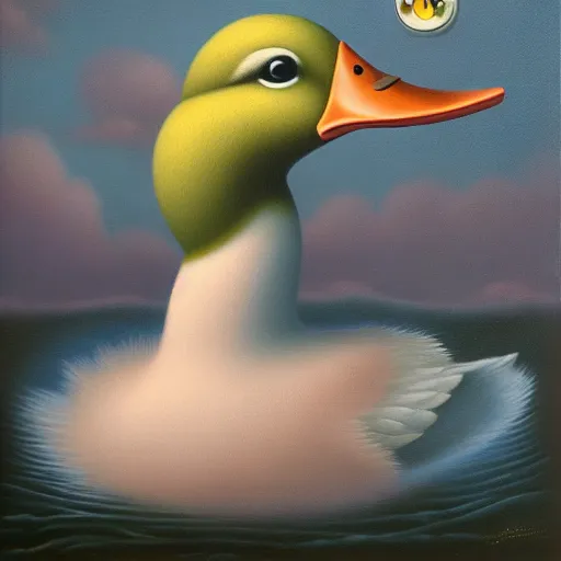 Prompt: a duck on the prowl oil painting mark ryden