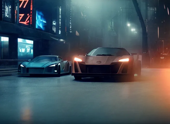 Image similar to Bladerunner 2049 scene front view sports car in small garage dark atmospheric volumetric lighting grungy moody dark cinematic Roger Deakins Cinematography futuristic cyberpunk car GTR NSX Audi R8 S14 Evo X Z06 ikuo maeda Newton Thomas Sigel bladerunner 2049 screen cap still