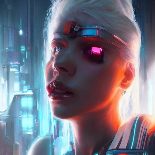 Image similar to A beautiful painting of a cyberpunk space jocky, girl with white hair fire red eyes sensual stare, Trending on artstation. augmentations and cybernetic enhancements neon circuits, greg rutkowski , hyperrealist, cinema4D, 8k highly detailed ❤️‍🔥 🔥 💀 🤖 🚀