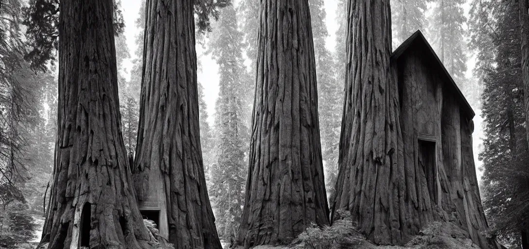 Image similar to house built into and inside a single giant sequoia. photograph by jerry uelsmann.