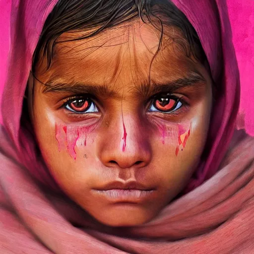 Prompt: the eyes of sharbat gula, artstation, happy pink tones by wlop