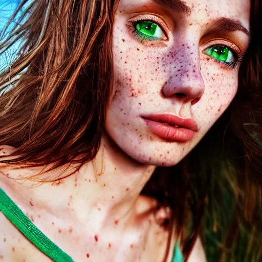 Image similar to portrait of a cute thin young woman, bronze brown hair, eye color is emerald green, red blush, cute freckles, smug smile, modern clothes, relaxing on the beach, golden hour, close up shot, 8 k, art by irakli nadar, hyperrealism, hyperdetailed, ultra realistic