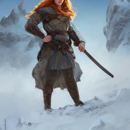 Prompt: an female viking with a helmet and ginger hair smilling, blizzard mountains backround, village, digital painting, artstation, concept art, soft light, hdri, smooth, sharp focus, illustration, fantasy, intricate, elegant, highly detailed, D&D, matte painting, in the style of Greg Rutkowski and Alphonse Mucha and artemisia, 8k,