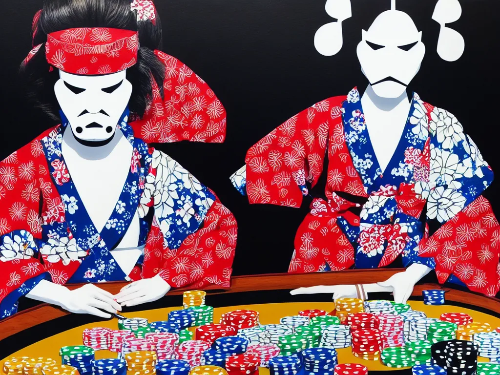 Image similar to hyperrealism composition of the detailed single woman in a japanese kimono sitting at an extremely detailed poker table with stormtrooper, fireworks, river on the background, pop - art style, jacky tsai style, andy warhol style, acrylic on canvas