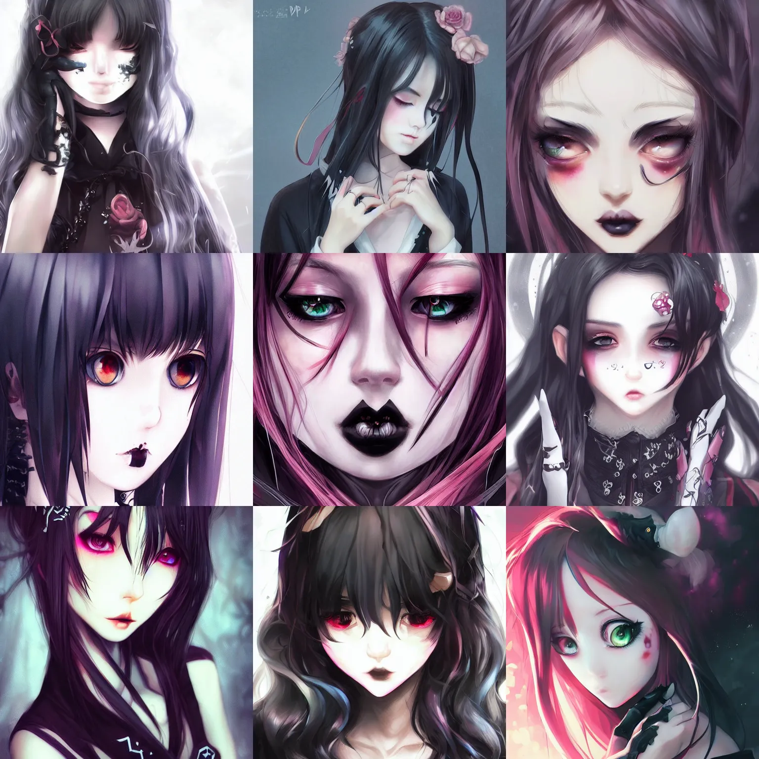 Prompt: beautiful trending pixiv wlop artgerm split dye cute goth character girl solemn close-up