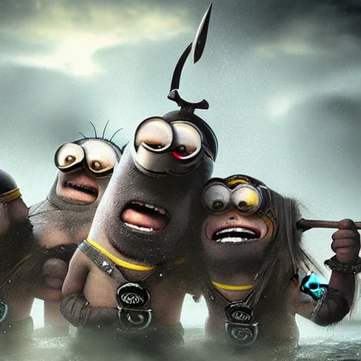 Image similar to The minions in The Vikings Digital art very detailed 4K quality Super Realistic