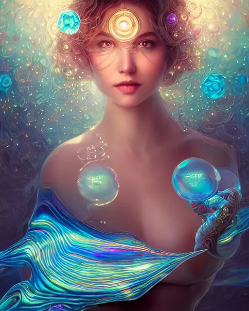 Image similar to cute woman inside an ornate sail boat of iridescent liquid, alchemy, shiny plastic, intricate, bloom, detailed, volumetric lighting, sharp focus, photorealism, digital painting, highly detailed, concept art, by by artgerm and wlop