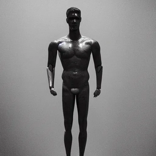 Image similar to “a realistic detailed photo of a guy who is an attractive humanoid who is half robot and half humanoid, who is a male android, actor Liam Hemsworth, shiny skin, posing like a statue, blank stare, at the museum, on display”