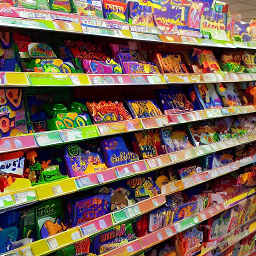 Image similar to aisle at toys are us but the shelves are full of loving goblins