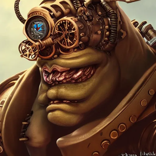 Image similar to a portrait of a steampunk half ogre half man, art by mark brooks and brom gerald and artgerm, octane render, trending on artstation