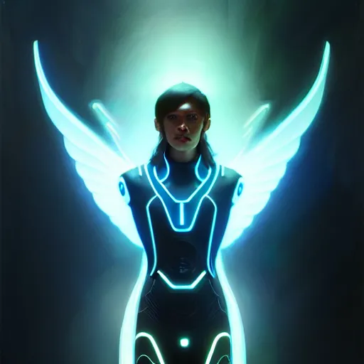 Prompt: tron legacy angel, diffuse lighting, hyper realistic, concept art, intricate, hyper detailed, smooth, sharp focus, illustration, trending on artstation, art by greg rutkowski and james gurney and alphonse mucha