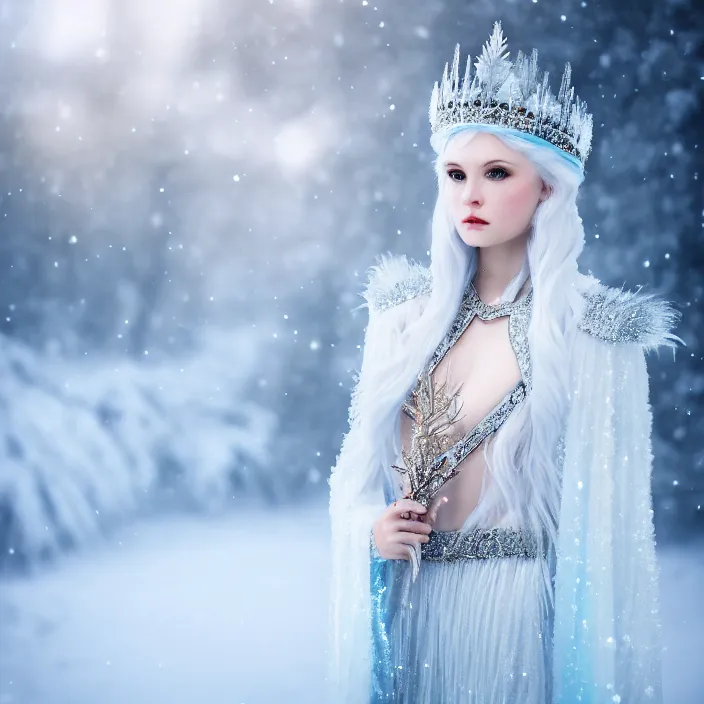 Prompt: photograph of a real-life beautiful ice queen with ornate robe and crown in an ethereal snowy landscape. Extremely detailed. 8k