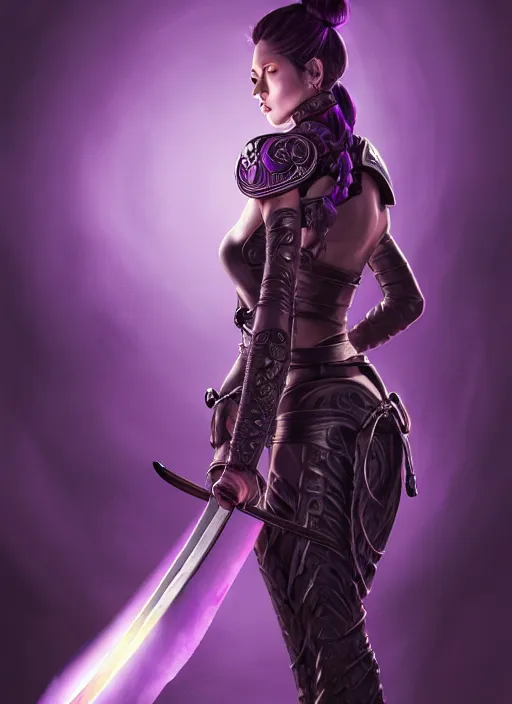 Prompt: back, behind, portrait of a woman in purple leather future armor with a long black ponytail, holding a katana with glowing purple runes carved into the katana, intricate, elegant, candle light, highly detailed, digital painting, artstation, concept art, smooth, sharp focus, illustration, art by wlop, mars ravelo and greg rutkowski