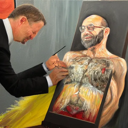 Image similar to a detailed painting of joel glazer being tarred and feathered