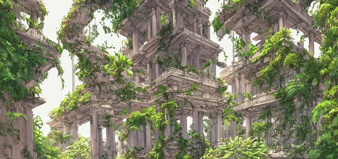 Image similar to Greek temple with hanging gardens in the graphic style of Patrick Gleason and SANA TAKEDA, detailed art, trending on Artstation, sharp focus, Beautiful comic art
