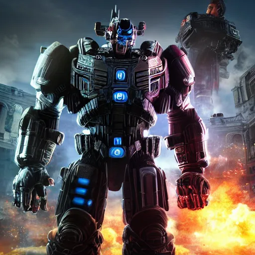 Image similar to donald trump! as optimus prime in ( gears of war ), splash art, maga!, patriot!, movie still, detailed face, photorealistic facial features, cinematic lighting, dramatic, octane render, long lens, shallow depth of field, bokeh, anamorphic lens flare, 8 k, hyper detailed, 3 5 mm film grain