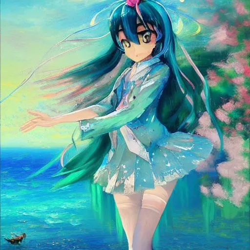 Image similar to Beautiful abstract impressionist painting of Hatsune Miku on a cliff looking calmly at the sea, hatsune miku official artwork, danbooru, oil painting by Antoine Blanchard, wide strokes, pastel colors, soft lighting sold at an auction