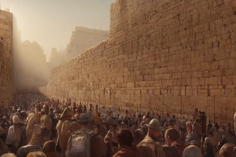 Image similar to the western wall made out of steel, matte painting, long shot, concept art, wide shot, digital art, trending on artstation, 4 k, extremely detailed, realistic, midday, warm colors, golden sunlight, by greg rutkowski, cinematic, epic