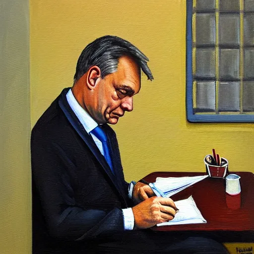 Prompt: viktor orban journaling in a cubicle, oil painting