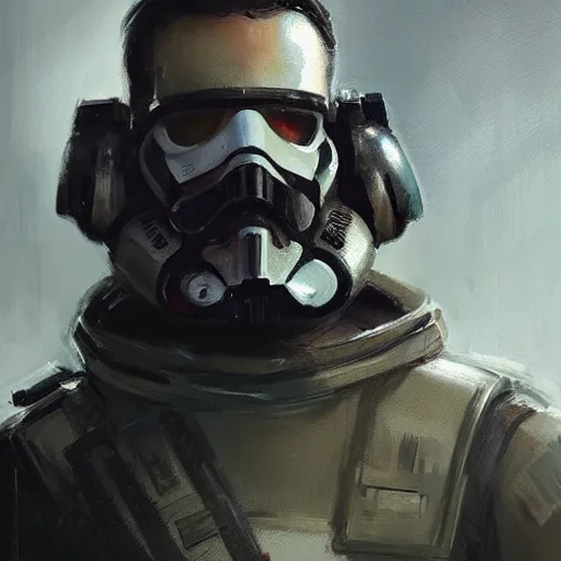 Image similar to portrait of a man by greg rutkowski, british features, short black hair in military style, moustache, perfect military composure, wearing stormtrooper gear, star wars expanded universe, he is about 5 0 years old, highly detailed portrait, digital painting, artstation, concept art, smooth, sharp foccus ilustration, artstation hq