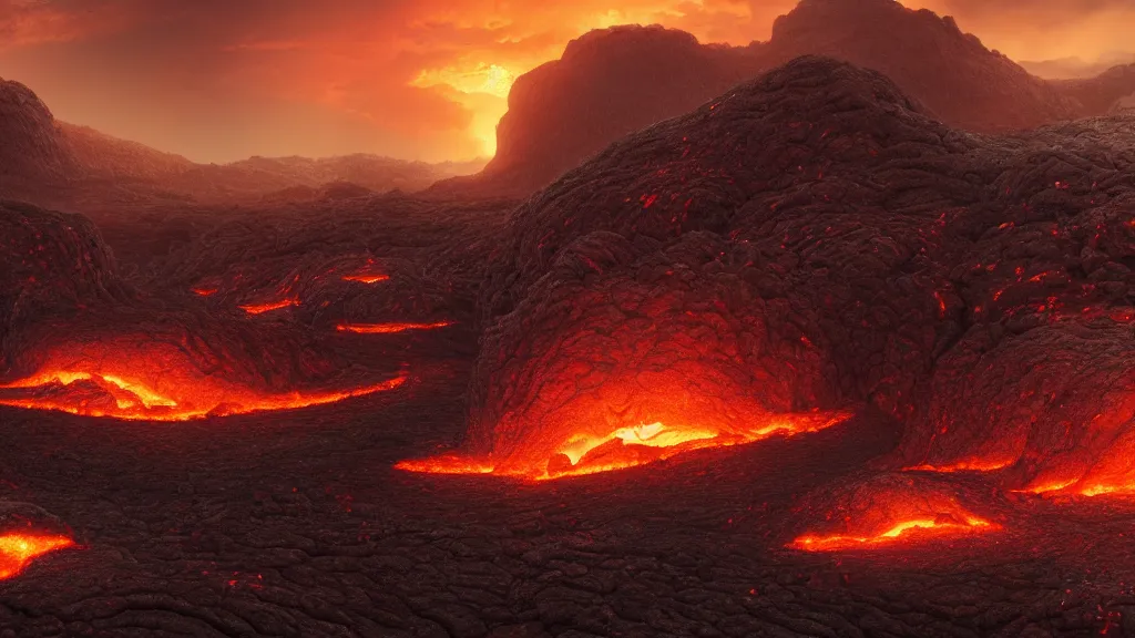 Image similar to colony of humanoid ants, beautiful lava landscape, dramatic lighting, cinematic, extremly high detail, photorealistic, cinematic lighting, post processed, concept art, artstation, matte painting, style by greg rutkowsky, by beautiful walt disney animation films of the late 1 9 9 0 s and thomas cole in hd, perfect readability