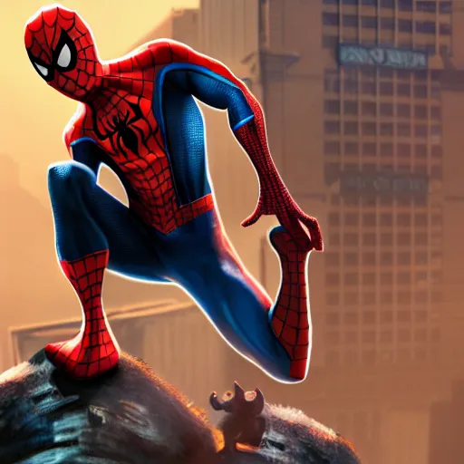 Image similar to spider - man sit on top of big raccoon and eating donuts, action scene, concept art, trending on artstation, highly detailed, intricate, sharp focus, digital art, 8 k