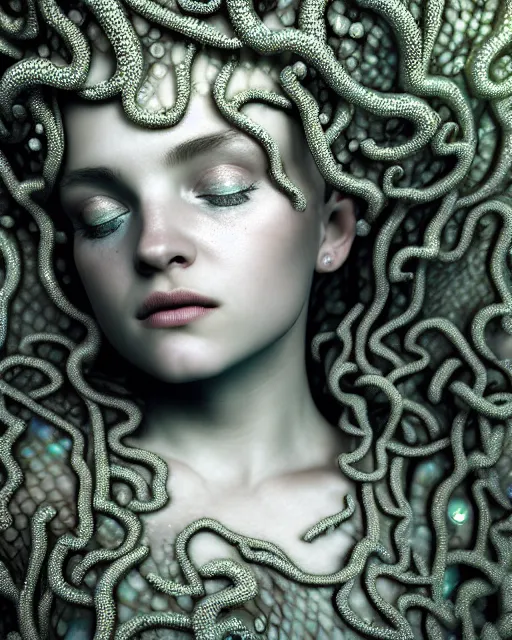 Image similar to surreal mythical dreamy underwater artistic bw photo of a beautiful young female angelic - medusa - cyborg covered with fish scales and algae, highly detailed, intricate crystal ivy jelly fish scales ornate, poetic, octane render, 8 k, photo - realistic, in the style of gustave dore and preraphaelites