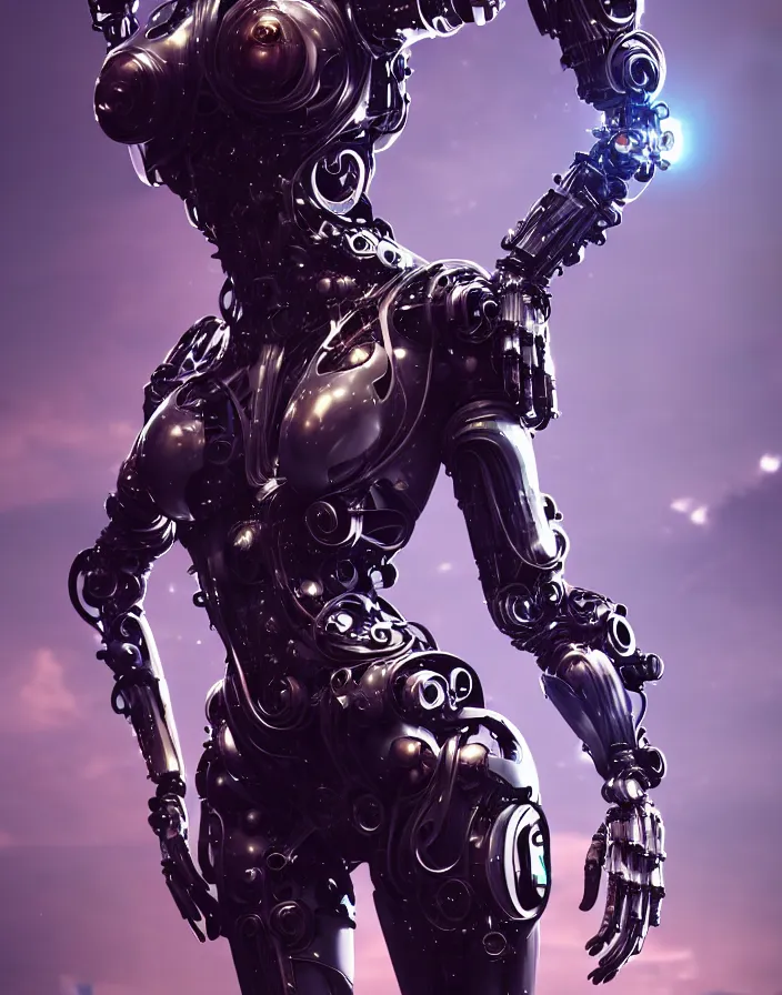 Image similar to full lenght shot, super hero pose, woman in biomechanical dress, inflateble shapes, wearing epic bionic cyborg implants, masterpiece, intricate, biopunk futuristic wardrobe, highly detailed, artstation, concept art, background galaxy, cyberpunk, octane render