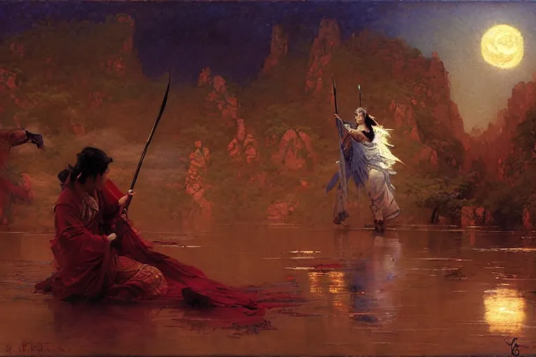 Image similar to wuxia, moon, river, night, painting by gaston bussiere, craig mullins, j. c. leyendecker