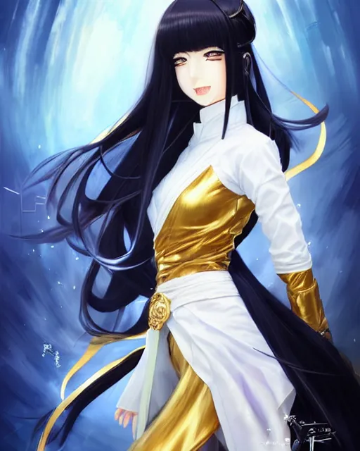 Image similar to anime character portrait of a female martial artist!! long black hair! blue eyes! kicking!! elegant, intricate outfit gold and white outfit! fine details by stanley artgerm lau, wlop, rossdraws, james jean, andrei riabovitchev, marc simonetti, and sakimichan, trembling on artstation