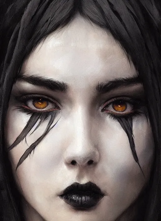 Image similar to a teenage girl with very short black hair and a huge cloak made of grey and black feathers. beautiful highly detailed face. beautiful painting by artgerm and greg rutkowski and raymond swanland