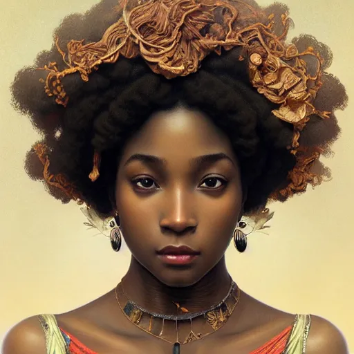 Image similar to portrait of afro goddess, intricate, elegant, highly detailed, digital painting, artstation, concept art, smooth, sharp focus, illustration, art by artgerm and greg rutkowski and alphonse mucha and william - adolphe bouguereau