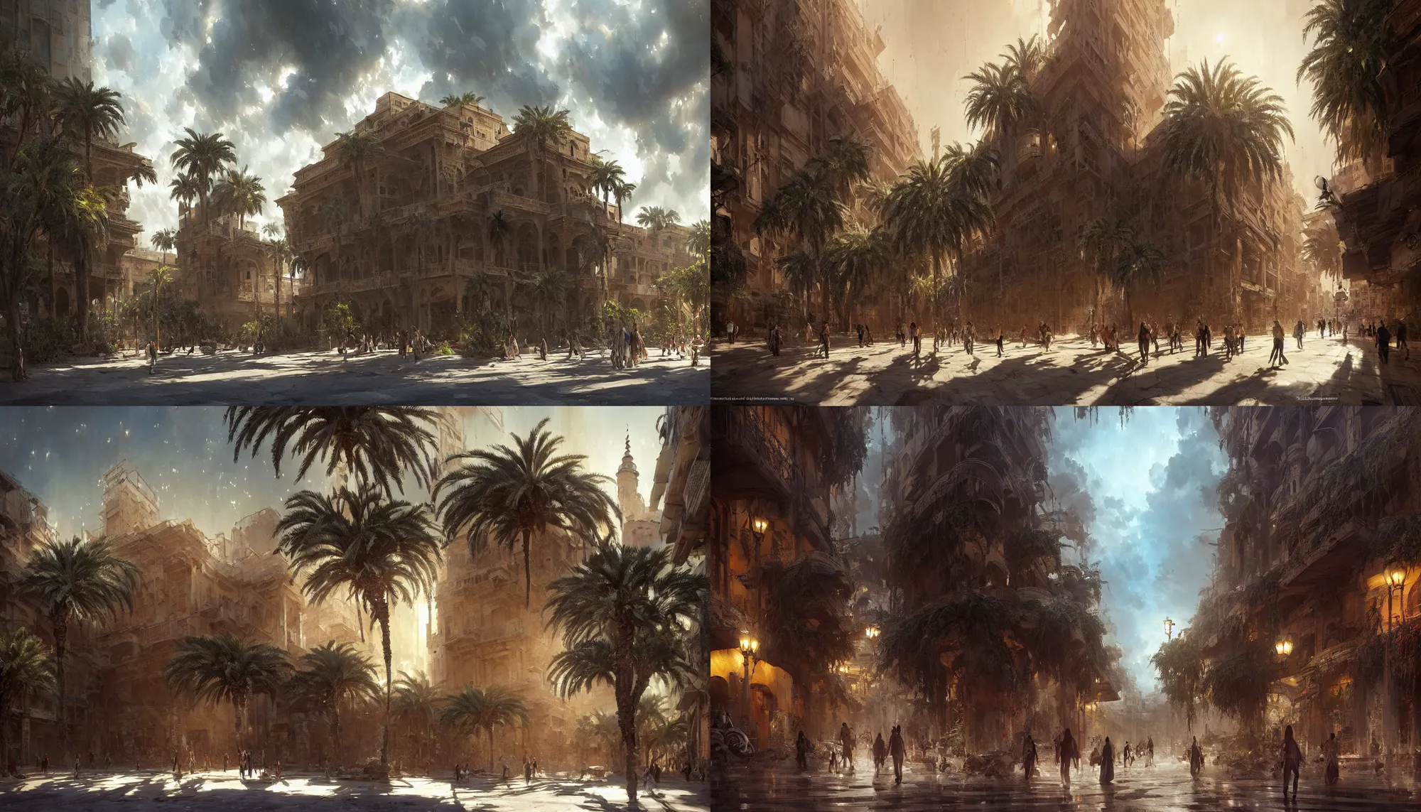 Prompt: beautiful art by wadim kashin, shinji aramaki and marc simonetti of the khedival opera house in talaat harb square cairo with beautiful dramatic clouds, dappled lighting, lush landscaping, date palm trees, shrubs and flowers. evening, atmospheric lighting, intricate detail, hyperrealistic, octane render, artstation, wadim kashin, shinji aramaki, marc simonetti