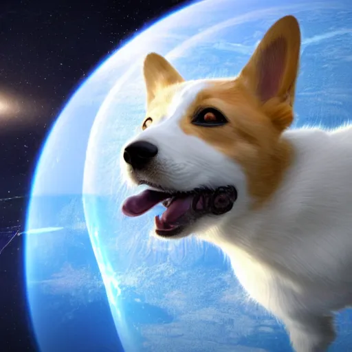 Prompt: a hyperrealistic digital render of a happy cyberpunk corgi in a soviet spacesuit, floating in space, symmetry, sharp focus