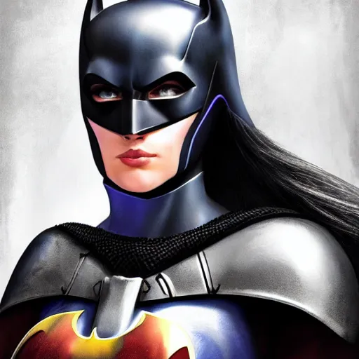 Prompt: head and shoulders portrait of a female knight, batgirl, by miyazaki, face detail, extremely detailed, anime