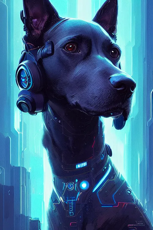 Image similar to a beautiful portrait of a cute cyberpunk dog with blue tinted starfield in the background by greg rutkowski and wlop, digital art, highly detailed, fine detail, intricate, ornate, complex