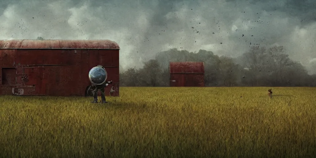 Prompt: a single colossal rusty old robot sad and alone in an empty field in the countryside with a barn on a bright sunny day by wes anderson and james c christensen and anka zhuravleva sharp digital painting. dreaming latent space. matte painting, concept art. artstation. digital render.