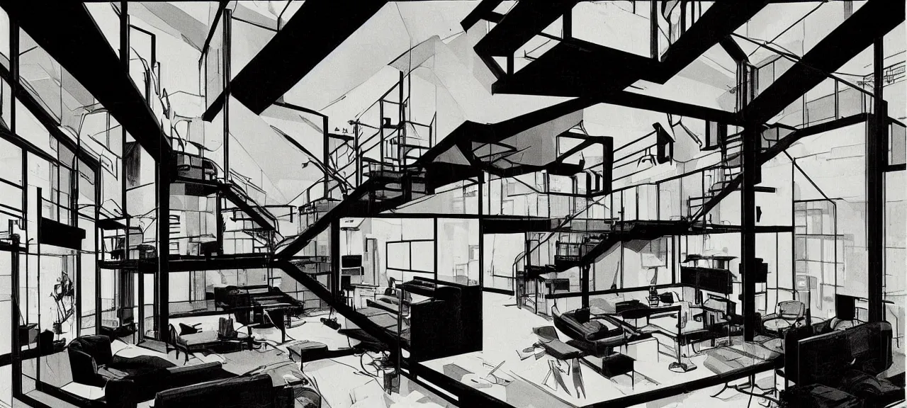 Prompt: interior of a loft, living room with split levels, mezzanine, plants and patio, 1970 furniture, bauhaus, concept art by syd mead. a dystopian computer with too many cables in a corner, giant screens
