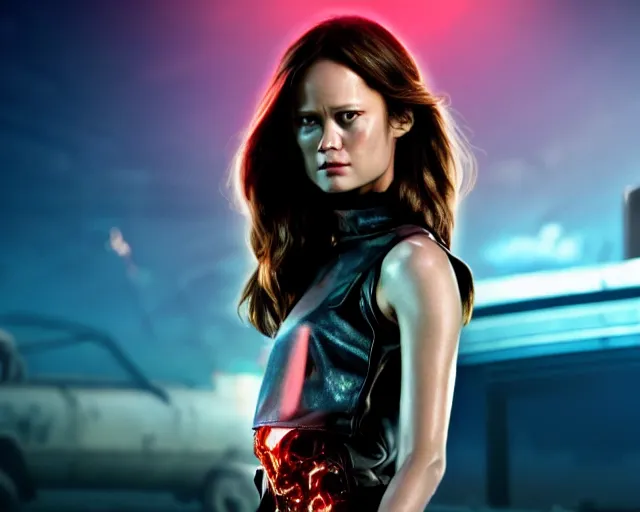 Image similar to summer glau as synthwave terminator, action movie still, 4k, cdx