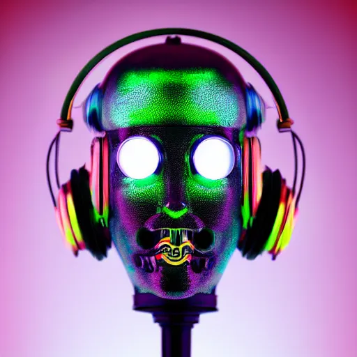 Prompt: a glossy claymodel of a steampunk robot head with glowing futuristic steampunk headphones, 8 k, symetrical, flourescent colors, halluzinogenic, multicolored, insanely detailed, black background, 3 d render,