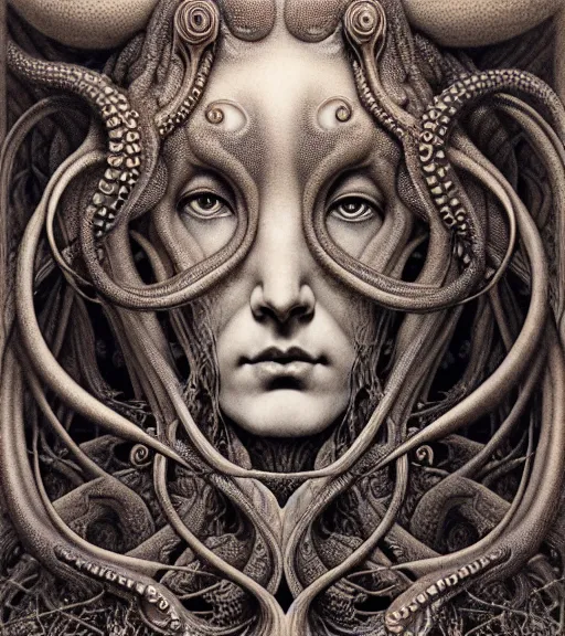 Image similar to detailed realistic beautiful octopus goddess face portrait by jean delville, gustave dore, iris van herpen and marco mazzoni, art forms of nature by ernst haeckel, art nouveau, symbolist, visionary, gothic, neo - gothic, pre - raphaelite, fractal lace, intricate alien botanicals, ai biodiversity, surreality, hyperdetailed ultrasharp octane render