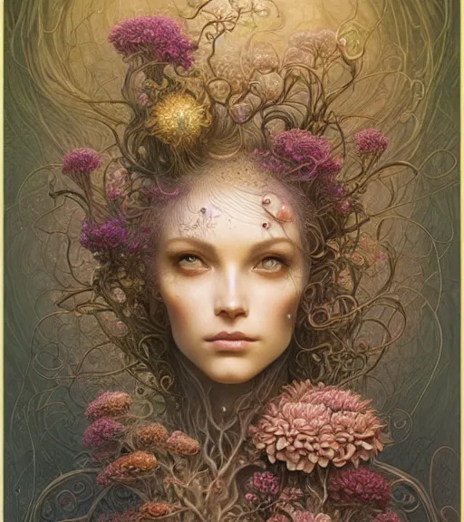 Prompt: a beautiful detailed front view portrait of a woman with ornate growing around, ornamentation, flowers, elegant, beautifully soft lit, golden ratio, full frame, by wayne barlowe, peter mohrbacher, kelly mckernan,