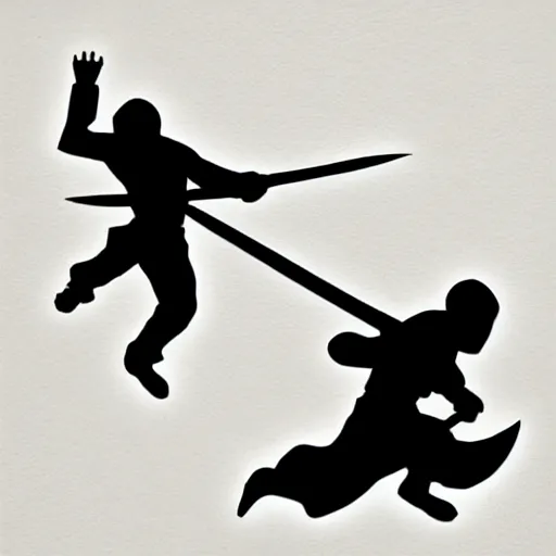 Image similar to tattoo design, stencil, a ninja jumping in the air slashing a sword