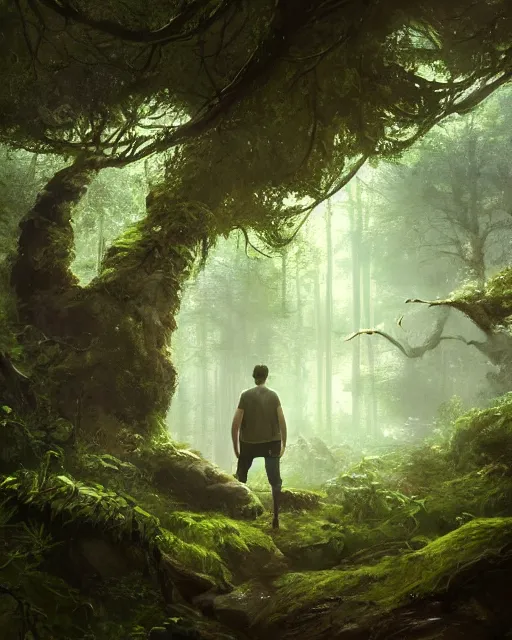 Prompt: a young man looking into a mirror in the hidden garden, green forest, environment art, fantasy art, landscape art, in the style of greg rutkowski, illustration, epic, fantasy, intricate, hyper detailed, artstation, concept art, smooth, sharp focus, ray tracing