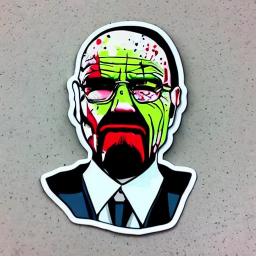 Image similar to die cut sticker, walter white wearing the joker suit, splatter paint