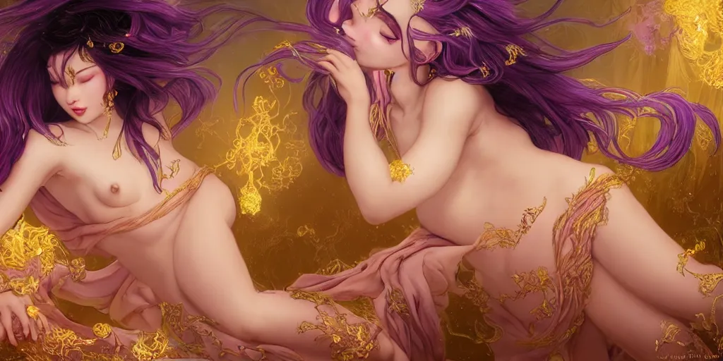 Image similar to asian nymph goddess flowing purple hair twisting in sensual pose with golden tattoes of cursive sigils on her opalescent skin, fantasy, intricate, very beautiful, elegant, golden light, highly detailed, digital painting, artstation, concept art, smooth, sharp focus, unreal engine, art by wlop and tian zi and alphonse mucha