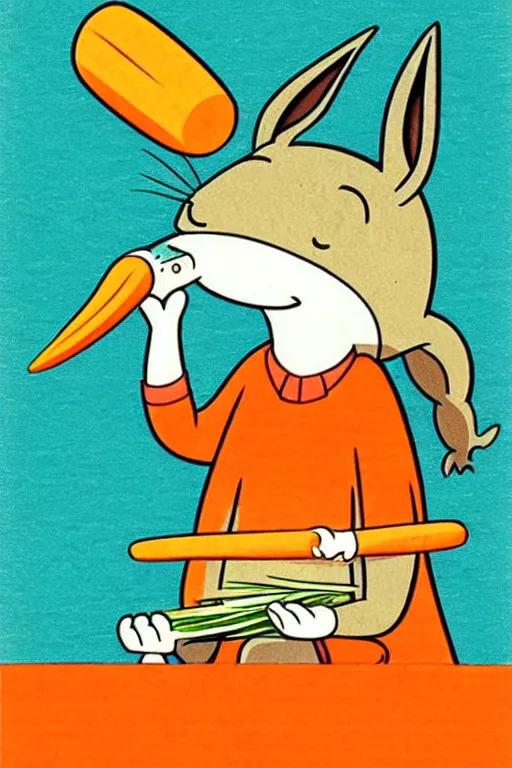 Image similar to by richard scarry. happy donkey eating a carrot. a 1 9 7 0 s retro illustration. studio ghibli. muted colors, detailed