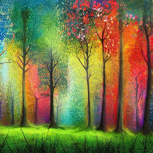 Prompt: A forest with beautiful flowers scatter across the field with large trees of all colors, digital art, detailed, trending on artstaion