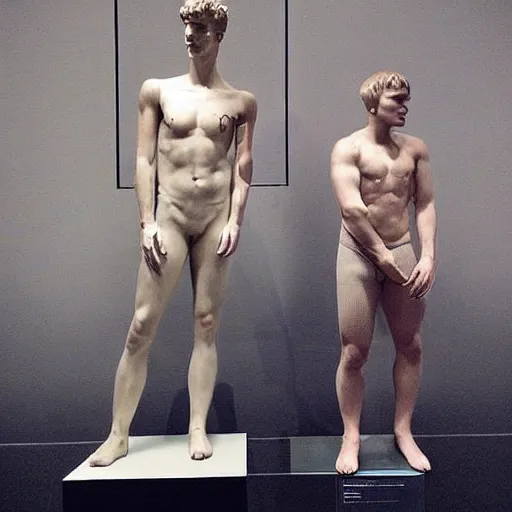 Image similar to “a realistic detailed photo of a guy who is an attractive humanoid who is half robot and half humanoid, who is a male android, British diver Jack Laugher & Chris Mears, shiny skin, posing like a statue, blank stare, at the museum, on display”